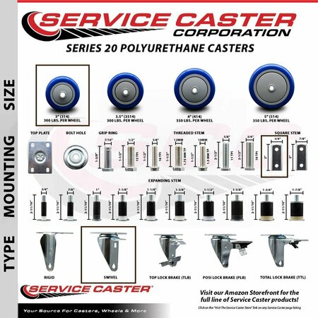 Service Caster 3'' Blue Polyurethane Wheel Swivel 3/4'' Square Stem Caster Set 2 Brakes, 4PK SCC-SQ20S314-PPUB-BLUE-PLB-34-2-S-2